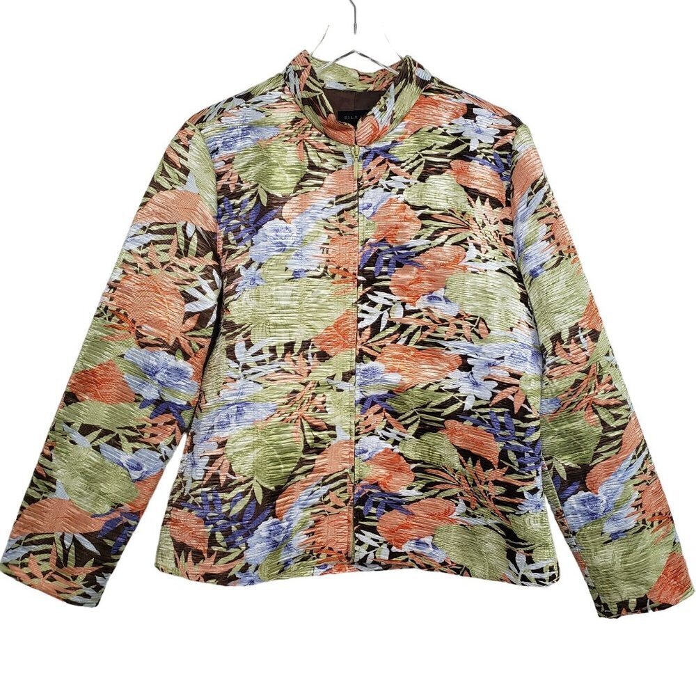 Silk Land Floral Jacket Lightweight Tropical Multicolor Full Zip Womens Size XL